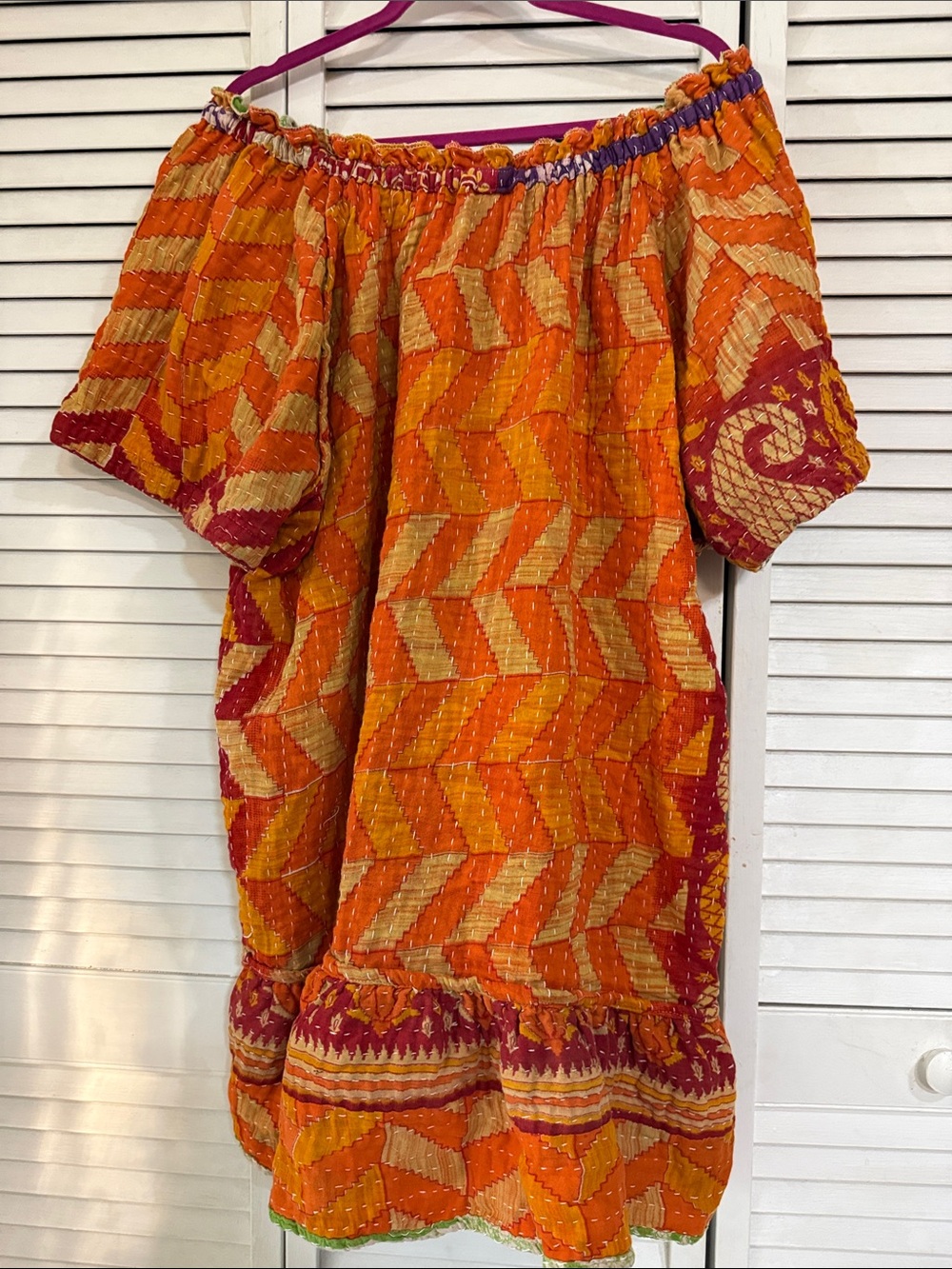 Kantha Orange reversible green  Patchwork Boho Off-Shoulder Dress 100% cotton
